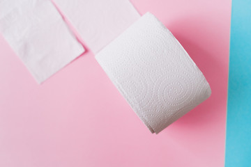 Roll of toilet paper on a pastel pink and blue background coronavirus design