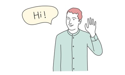 Boy waving hand. Speech bubble hi. Hand drawn vector illustration.
