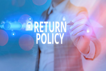 Writing note showing Return Policy. Business concept for Tax Reimbursement Retail Terms and...