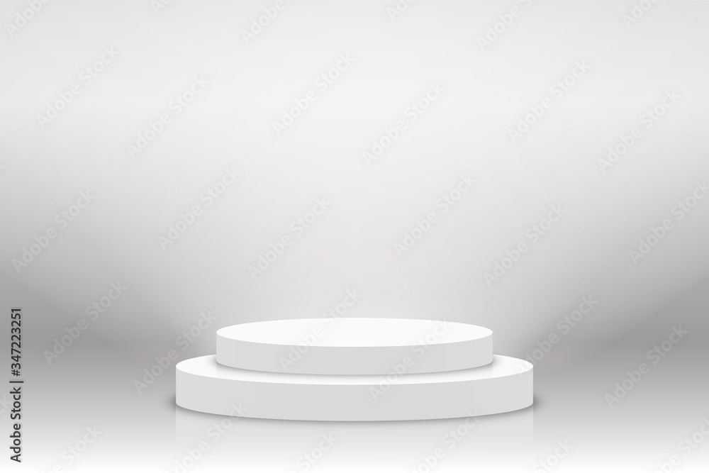 Poster white 3d podium mockup in circle shape. empty stage or pedestal mockup illuminated with spotlight. p