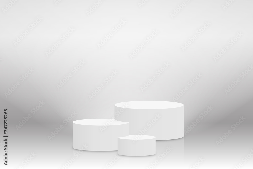 Poster white 3d podium mockup in cylinder shape. empty stage or pedestal mockup illuminated with spotlight.