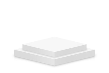 White 3d podium mockup in square shape. Empty stage or pedestal mockup isolated on white background. Podium or platform for award ceremony and product presentation