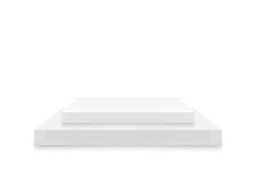 White 3d podium mockup in square shape. Empty stage or pedestal mockup isolated on white background. Podium or platform for award ceremony and product presentation