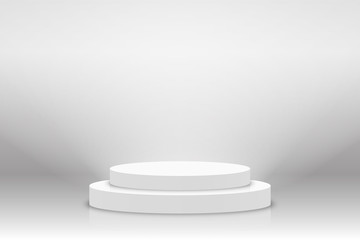 White 3d podium mockup in circle shape. Empty stage or pedestal mockup illuminated with spotlight. Podium or platform for award ceremony and product presentation