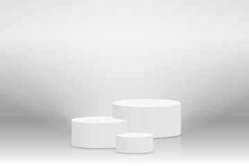 White 3d podium mockup in cylinder shape. Empty stage or pedestal mockup illuminated with spotlight. Podium or platform for award ceremony and product presentation