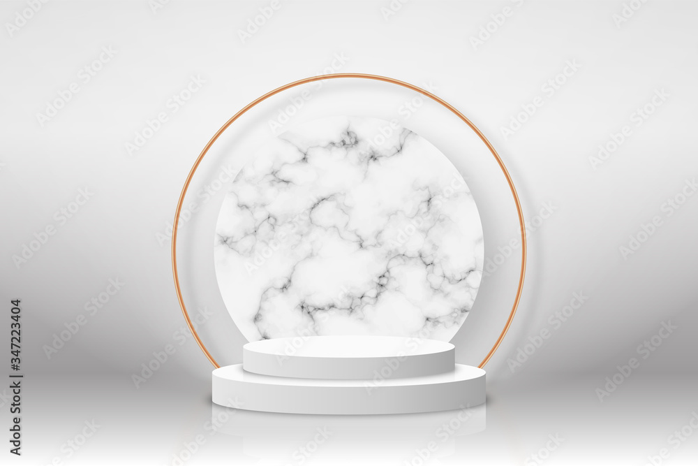 Aufkleber white 3d podium with marble texture and golden elements. empty stage or pedestal mockup illuminated 