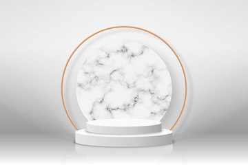 White 3d podium with marble texture and golden elements. Empty stage or pedestal mockup illuminated with spotlight. Podium or platform for award ceremony and product presentation
