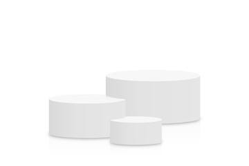 White 3d podium mockup in cylinder shape. Empty stage or pedestal mockup isolated on white background. Podium or platform for award ceremony and product presentation