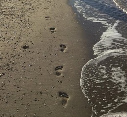 Female Footsteps on Sand with Waves Coming Up