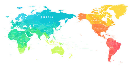 World Map Color Bright Political - Asia China Center - Vector Detailed Illustration