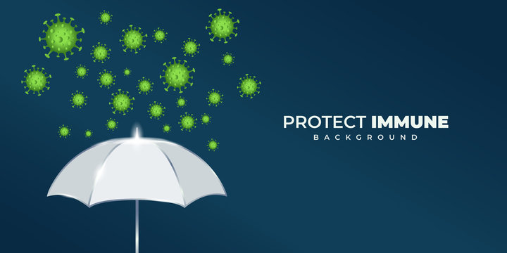 silver umbrella protecting immune from infectious coronavirus covid-19 on dark blue background