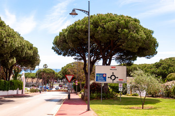 Fototapeta premium A road with a red sidewalk leads to an crossroad.with a road sign and a lamppost with a fluffy pine tree in the foreground