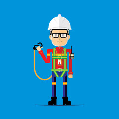 Construction cool character safety manager wearing single lanyard full body harness. Personal protective equipment.