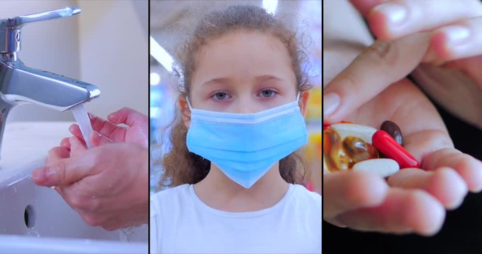 Coronavirus collage COVID-19,Concept of immunity how to protect yourself from infection, to be in a mask, wash your hands, outbreaks of a pandemic,Portrait in a protective mask of a Child.