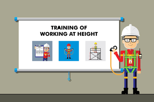 Safety trainer cartoon character on presentation. Training of working at height. Flat style vector image. Background illustration.