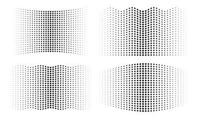 Halftone wavy distorted gradient circle dots backgrounds set. Horizontal distort waved templates using halftone dots pattern. Vector illustration.