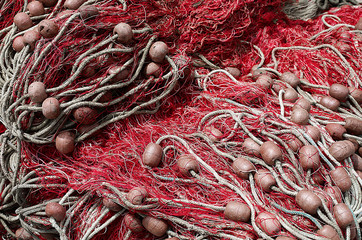 tangled fishing nets of fishermen with large floats