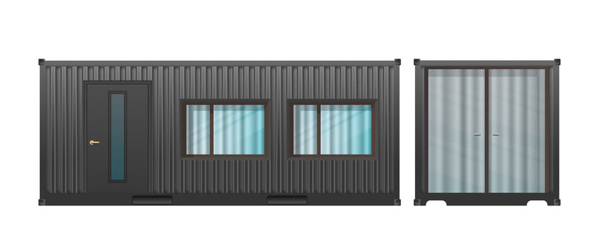 House Of Black Cargo Container.
Large House Out Of Container For Ship Isolated On A White Background. Vector.