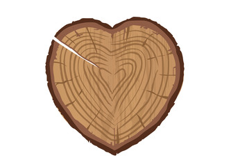 Ein Holzscheiben Herz mit Jahresringe und Spalt