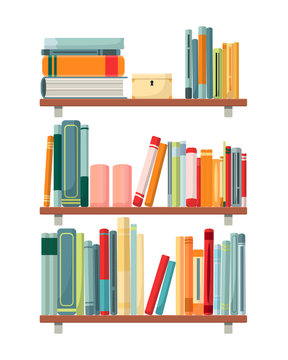Different colorful books in room library.  Vector illustration with candles, casket and school books standing on a shelf. Сoncept of library background isolated on white background.