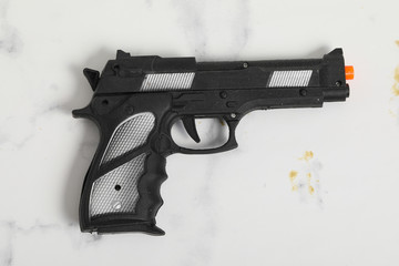 Plastic toy gun, Toy isolated. Kid weapon