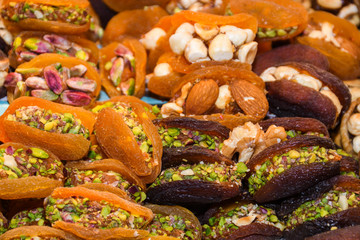 Counter with various dried fruits on the Grand Bazaar in Istanbul, Turkey