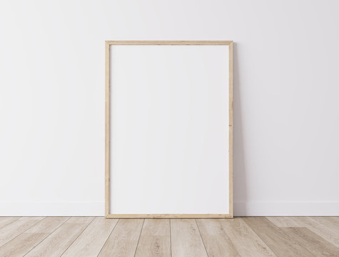 Realistic wooden Blank frame,size A3  A4 on White Wall and wooden floor. Design Template for Mock Up, 3D render, 3D illustration
