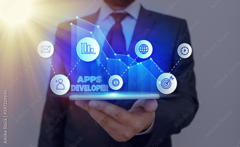 Poster conceptual hand writing showing apps developer. concept meaning graphic artist software programmer a