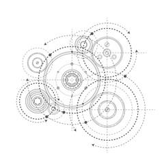 Rotating mechanism of round parts .Engineering technical drawing on a white background. Gears on a white background .