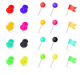 Large set of colorful flags, thumb tacks and pins on a white background with shadow at the base for design elements, colored vector illustration