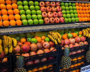 Fresh and organic fruits and vegetables at farmers market. Biological and organic
