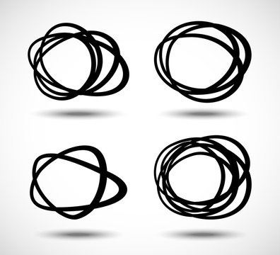 Hand drawn circle emblems. Sketch drawing scribble circle lines. Doodle circular logo design elements.