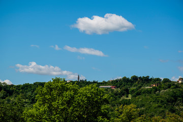 bell tower between green and blue