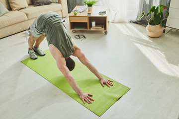 Young sportsman in activewear bending forwards with his feet and hands on mat
