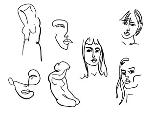 Abstract woman portraits and body. Female faces and bodies one line drawing.