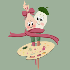 Lovely colorful brushes painters  with draw pallete in a very good mood