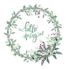 Hello spring circle greeting card isolated in a white background