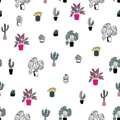 Vector seamless pattern of house plants in pots on white background, hand drawing in flat style