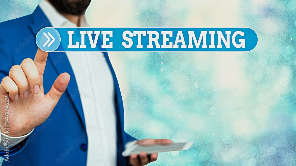 Poster text sign showing live streaming. business photo showcasing transmit live video coverage of an event