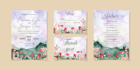 Fototapeta na wymiar beautiful wedding invitation card with wild floral mountain watercolor
