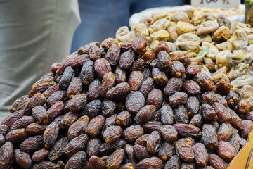 Counter with various dried fruits on the Grand Bazaar in Istanbul, Turkey