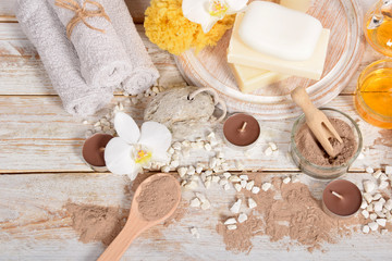 Fototapeta premium towels pumice, natural soap dry powder for making face masks, home spa