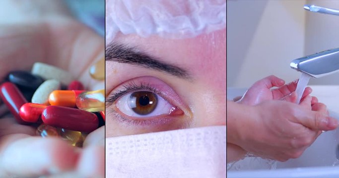 Coronavirus collage COVID-19, Concept of a vaccine, immunity how to protect yourself from infection, to be in a mask, wash your hands, outbreaks of a pandemic,Portrait in a protective mask of a doctor