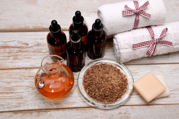 body oil, linseed oil and facial and decanter masks in combination with natural, small soaps and towels