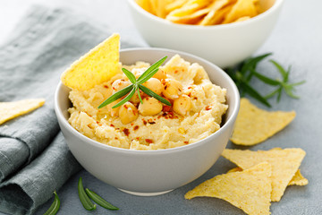 Homemade chickpea hummus with chips