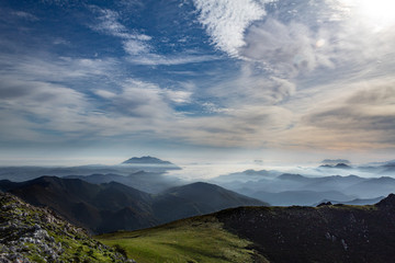 Dawn of the mountains in the mist.
