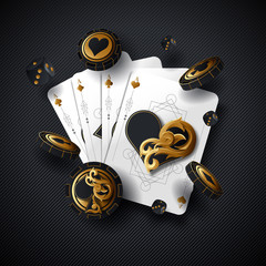 Poker cards casino background. Ace dice vegas chip flying stack. Gamble casino card falling design.