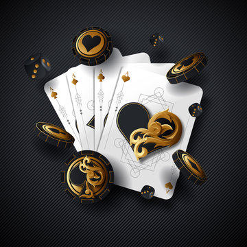 Poker Cards Casino Background. Ace Dice Vegas Chip Flying Stack. Gamble Casino Card Falling Design.