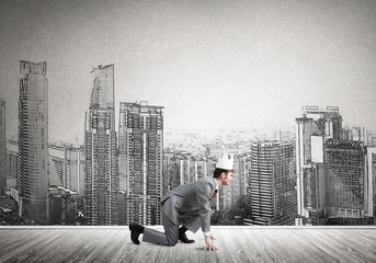 Fototapeta premium King businessman in elegant suit running and drawn cityscape silhouette at background