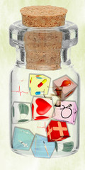 Ilustración con cubos 3d con imágenes relacionadas con la sanidad dentro de una botella transparente.